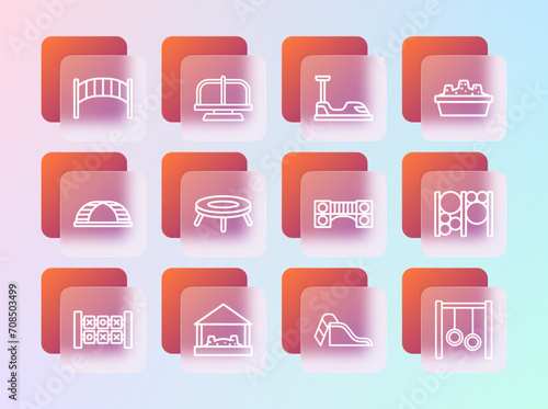Set line Sandbox with sand, Playground kids bridge, Slide playground, Jumping trampoline, Bumper car, and Attraction carousel icon. Vector
