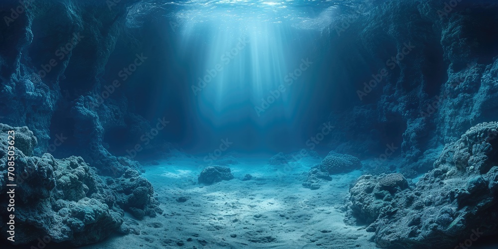 Obraz premium panorama of deep sea underwater scene with volume lights
