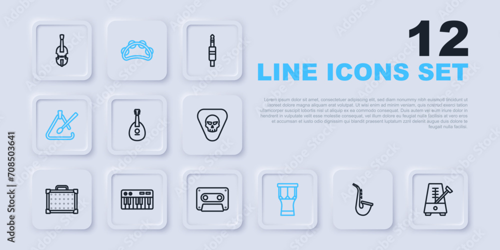Set line Saxophone, Metronome with pendulum, Mandolin, African percussion drum, Triangle musical instrument, Music synthesizer, Tambourine and Retro audio cassette tape icon. Vector Set line Saxophone, Metronome with pendulum, Mandolin, African percussion drum, Triangle musical instrument, Music synthesizer, Tambourine and Retro audio cassette tape icon. Vector