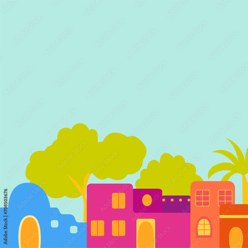 Latin housing facade scene in children's style Latin housing facade scene in children's style