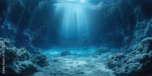 panorama of deep sea underwater scene with volume lights photo