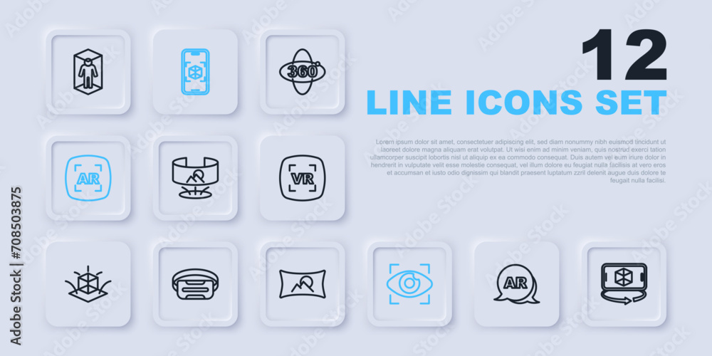 Set line Augmented reality AR, 3d modeling, 360 degree view, Big brother electronic eye, Virtual glasses, and Wide angle picture icon. Vector Set line Augmented reality AR, 3d modeling, 360 degree view, Big brother electronic eye, Virtual glasses, and Wide angle picture icon. Vector