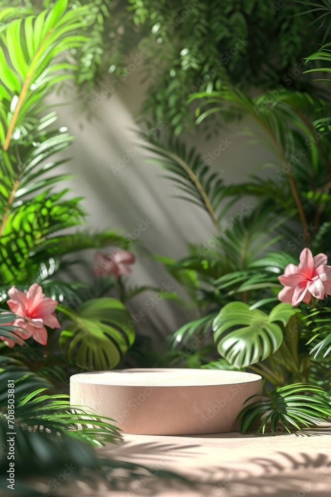 display podium with blurred nature leaves background