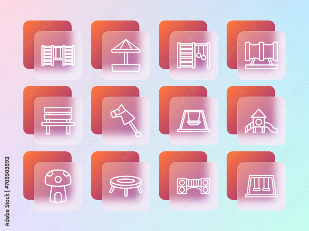 Set line Kid playground slide pipe, Jumping trampoline, Swing for kids, Playground bridge, Toy horse, Swedish wall, and Sandbox with sand icon. Vector Set line Kid playground slide pipe, Jumping trampoline, Swing for kids, Playground bridge, Toy horse, Swedish wall, and Sandbox with sand icon. Vector