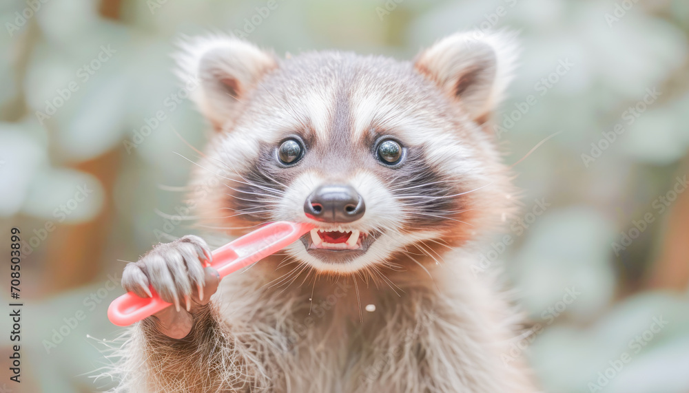 Funny scene, Raccoon brushes teeth, Pet Dental Health Month celebration, concept Animals, generative ai