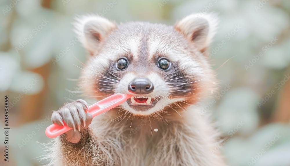 Obraz premium Funny scene, Raccoon brushes teeth, Pet Dental Health Month celebration, concept Animals, generative ai