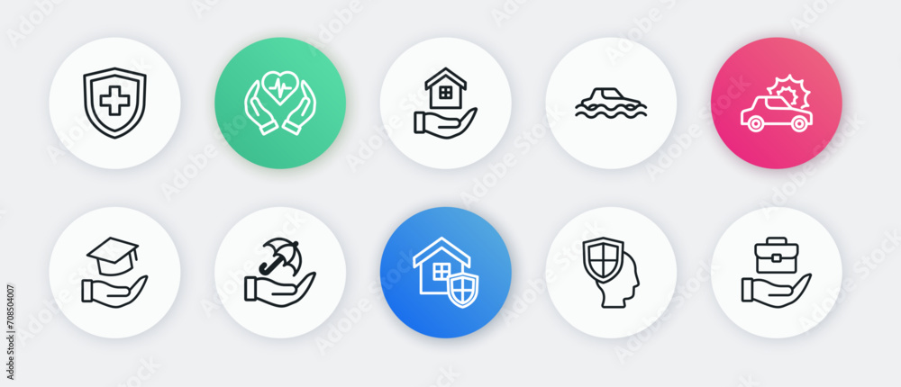 Set line House with shield, Car insurance, Education grant, Life, Flood car, hand, Hand holding briefcase and Umbrella icon. Vector
