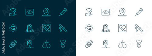 Set line Syringe, Location hospital, Heart rate, Lungs, Hospital building, with cross and Red eye effect icon. Vector