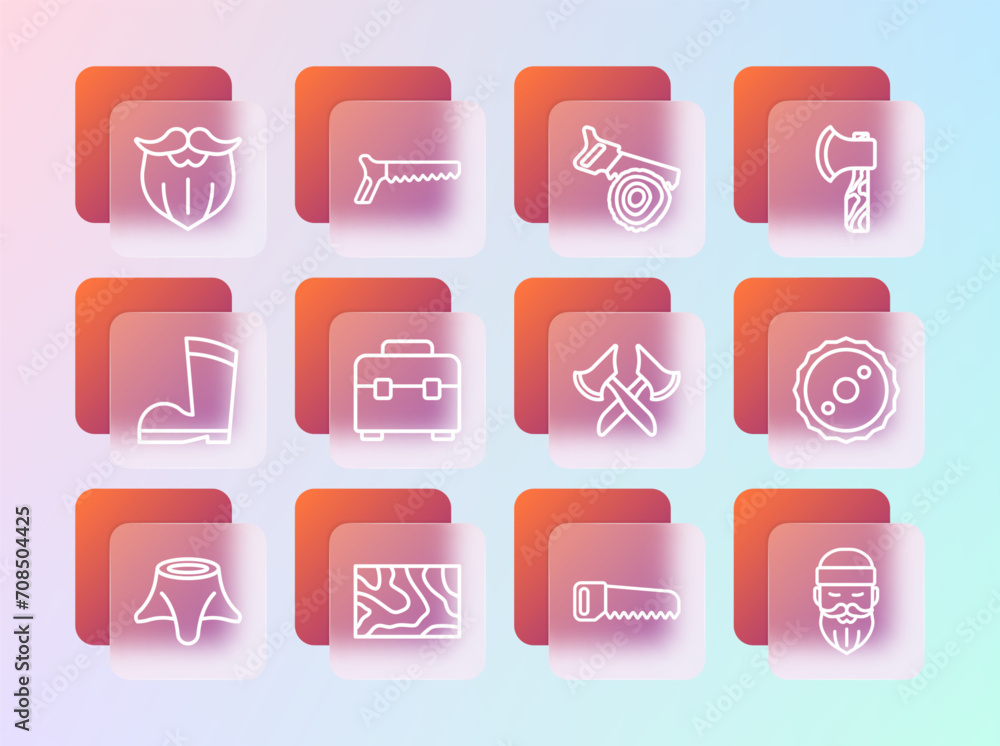 Set line Wooden axe, beam, Hand saw, Toolbox, log, Mustache beard and icon. Vector Set line Wooden axe, beam, Hand saw, Toolbox, log, Mustache beard and icon. Vector