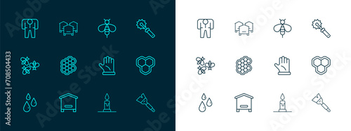 Set line Cutter roll for honey, Hive bees, Beekeeper glove, Burning candle, Honeycomb, costume and icon. Vector