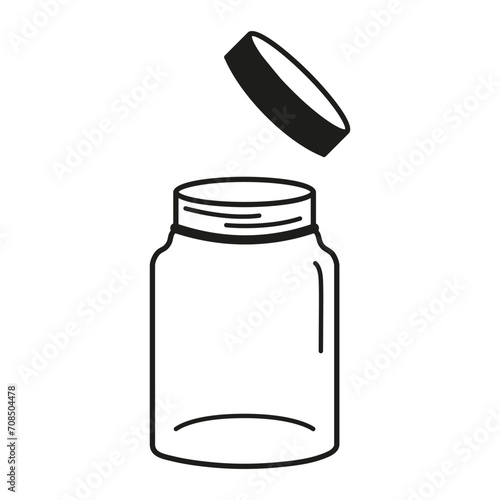 Hand drawn empty glass jar with open lid clipart doodle illustration, line art