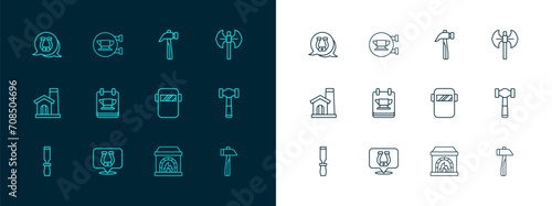 Set line Medieval poleaxe, Horseshoe, Welding mask, Blacksmith oven, anvil tool, Hammer, and icon. Vector