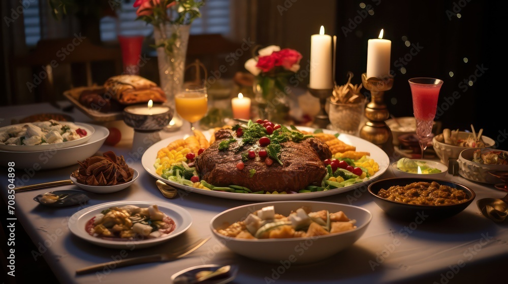 different dishes on the table setting with candles