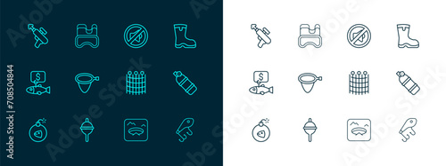 Set line Fishing boots, float, net pattern, Winter fishing, Speaker mute, harpoon and Diving mask icon. Vector