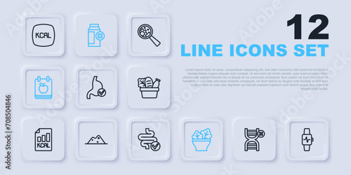 Set line No GMO, Smart watch with heart, Human stomach health, Salad in bowl, Diet plan, Salt, Lactose intolerance and Intestines icon. Vector