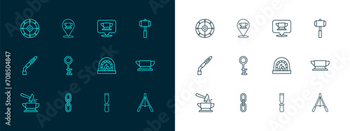 Set line Sledgehammer, Chain link, Blacksmith oven, Rasp metal file, Old key, anvil tool, Round shield and icon. Vector