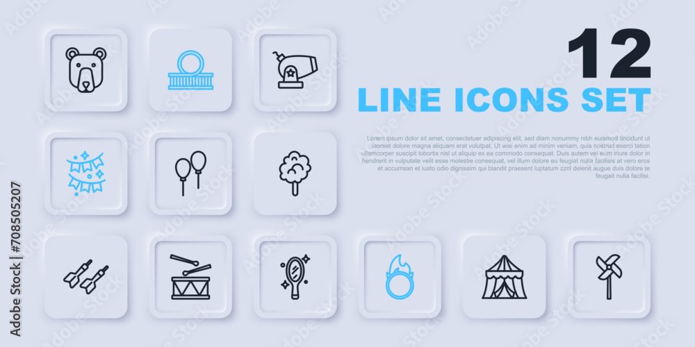 Set line Circus tent, Pinwheel toy, Balloons with ribbon, fire hoop, Carnival garland flags, Drum drum sticks, Roller coaster and Magic hand mirror icon. Vector Set line Circus tent, Pinwheel toy, Balloons with ribbon, fire hoop, Carnival garland flags, Drum drum sticks, Roller coaster and Magic hand mirror icon. Vector