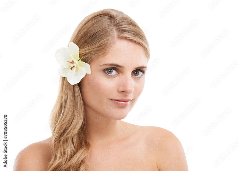Woman, portrait and smile in studio with flower, confidence and pride for cosmetic treatment. Model, person or face with mockup for haircare or aesthetic with organic skincare on white background Woman, portrait and smile in studio with flower, confidence and pride for cosmetic treatment. Model, person or face with mockup for haircare or aesthetic with organic skincare on white background