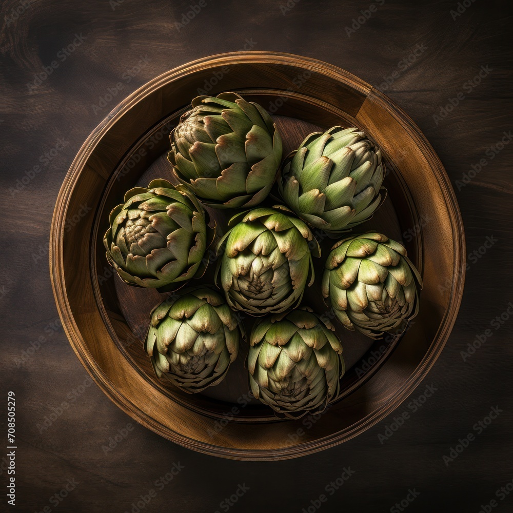 Obraz premium Freshly Picked Artichoke Hearts Arranged in a Rustic Wooden Bowl