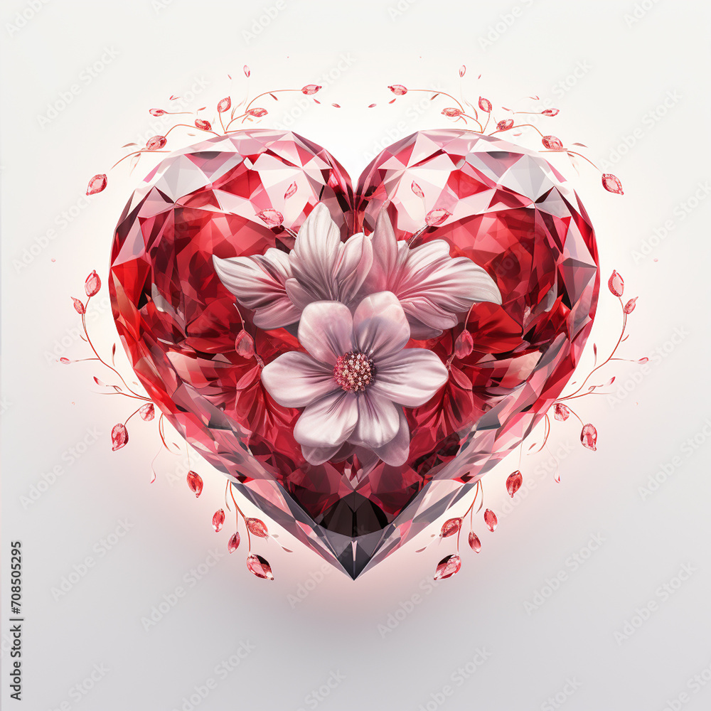 Glass heart icon 3d rendered illustration diamond, red crystal heart in the upper third of the heart there. 1a AI generative.

