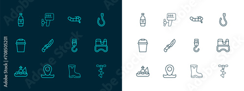 Set line Fishing hook, Location fishing, Spring scale, boots, Knife, Inflatable boat with motor, Bottle of vodka and Outboard icon. Vector