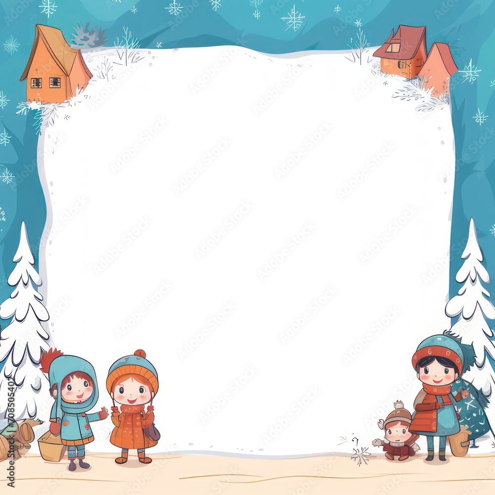 Obraz premium Children's cartoon text copy space greeting card template with winter snow theme