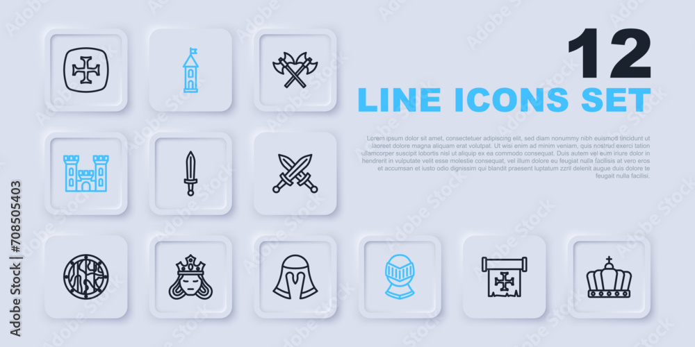 Set line Crusade, King crown, Medieval sword, helmet, Castle, Princess queen, tower and icon. Vector Set line Crusade, King crown, Medieval sword, helmet, Castle, Princess queen, tower and icon. Vector