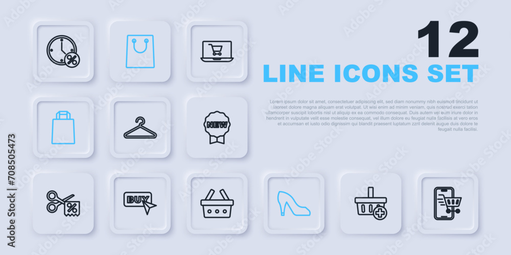 Set line Add to Shopping basket, Mobile with shopping cart, Hanger wardrobe, Woman shoe, Paper bag, Buy button, and icon. Vector Set line Add to Shopping basket, Mobile with shopping cart, Hanger wardrobe, Woman shoe, Paper bag, Buy button, and icon. Vector