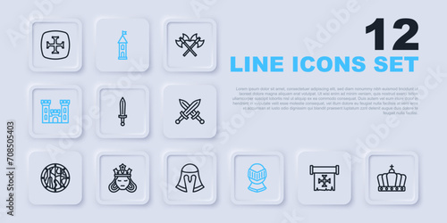Set line Crusade, King crown, Medieval sword, helmet, Castle, Princess queen, tower and icon. Vector