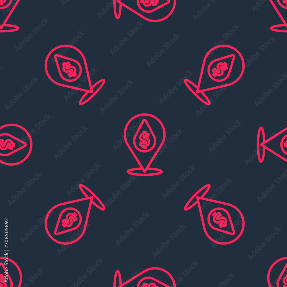 Red line Oil drop with dollar symbol icon isolated seamless pattern on black background. Oil price. Oil and petroleum industry. Vector Red line Oil drop with dollar symbol icon isolated seamless pattern on black background. Oil price. Oil and petroleum industry. Vector