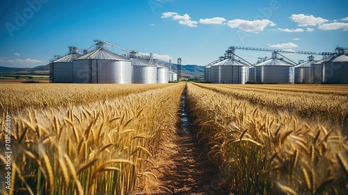 Cereal grains storage silos in a large wheat field