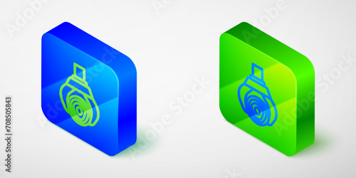 Isometric line Grapple crane grabbed a log icon isolated on grey background. Forest industry. Industrial crane for lumber trunk wood production. Blue and green square button. Vector