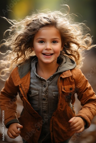 Little girl with curly blond hair smiling and running in the woods