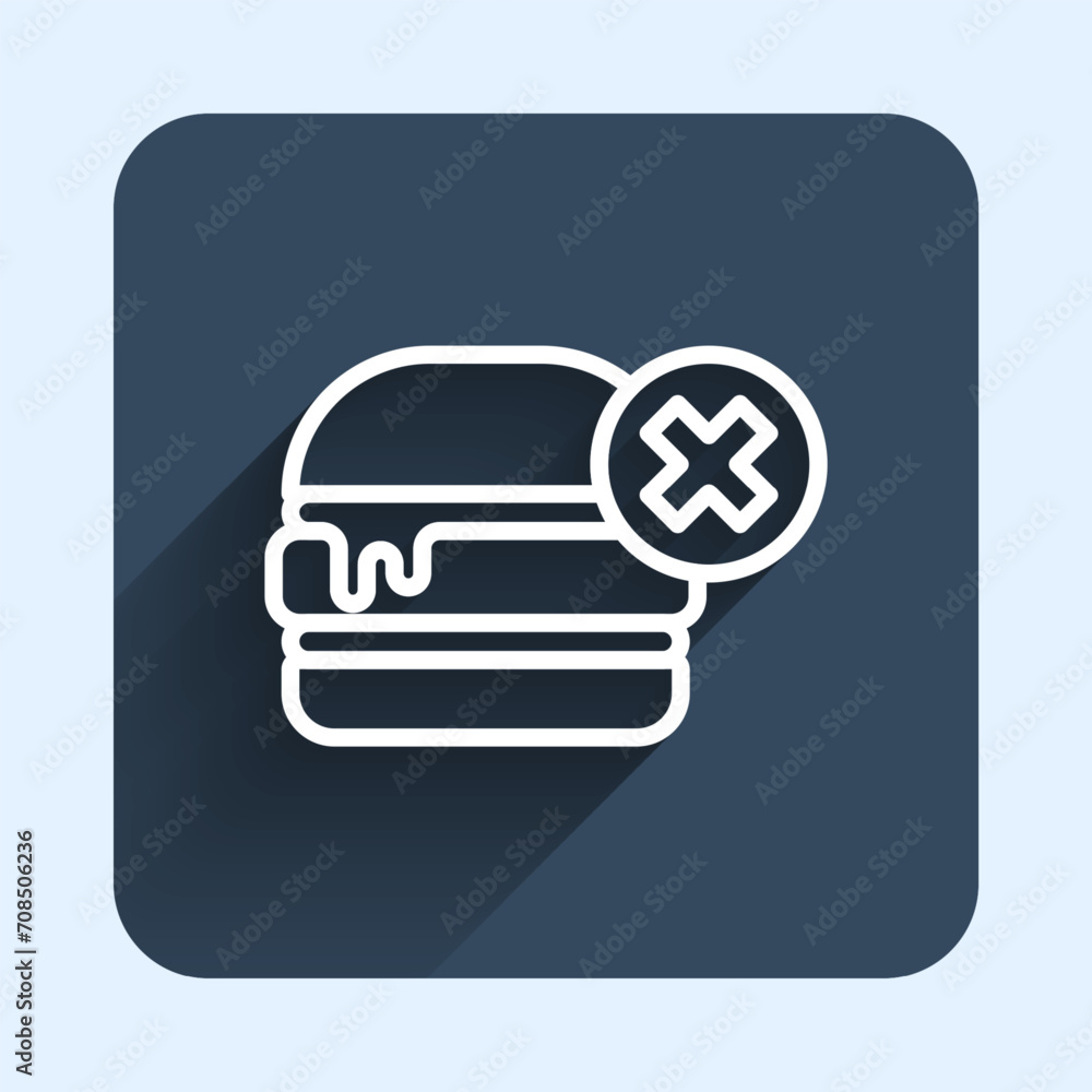 White line No burger icon isolated with long shadow background. Hamburger icon. Cheeseburger sandwich sign. Fast food menu. Blue square button. Vector