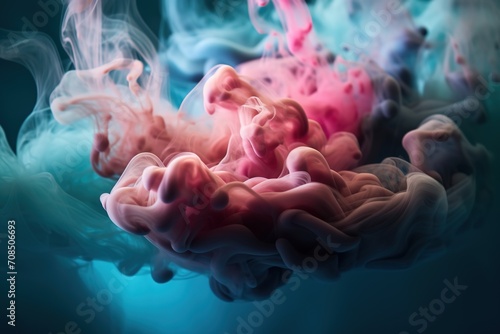 Abstract image of blue and pink smoke clouds mixing on a hazy blue background
