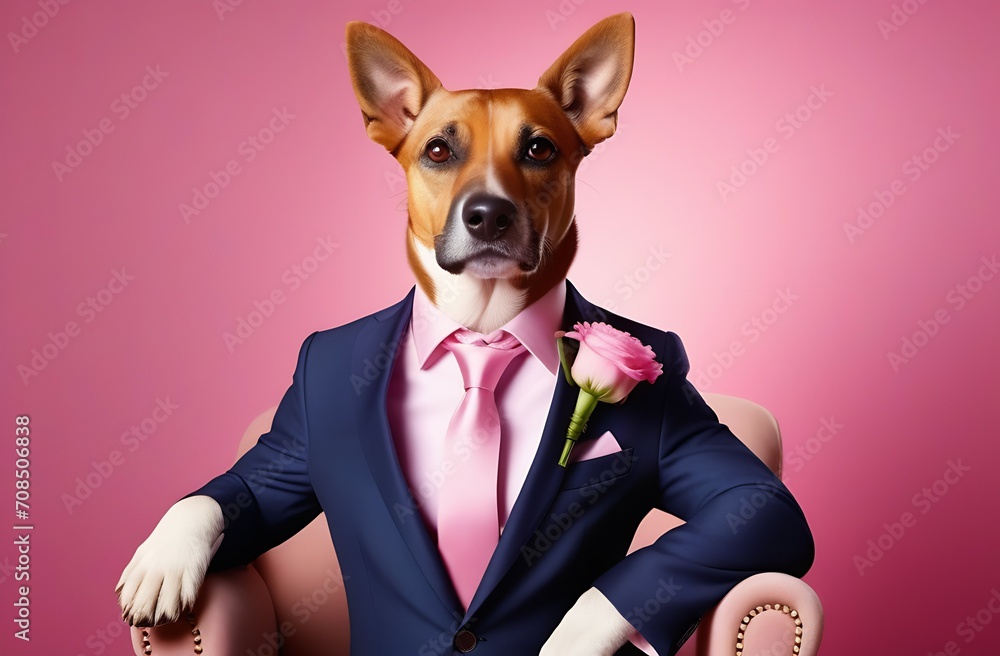 a serious humanoid dog in a blue business suit with a rose in the buttonhole of his jacket on a pink background. - obrazy, fototapety, plakaty 