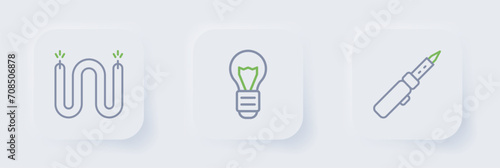 Set line Soldering iron, Creative lamp light idea and Electric cable icon. Vector