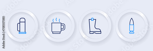 Set line Bullet, Waterproof rubber boot, Coffee cup and Thermos container icon. Vector