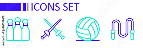 Set line Jump rope, Volleyball ball, Fencing and Bowling pin icon. Vector
