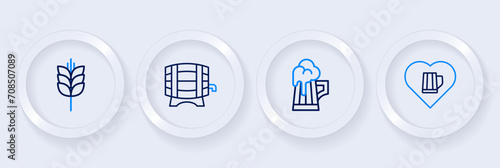 Set line Heart with glass of beer, Wooden mug, barrel on rack and Wheat icon. Vector
