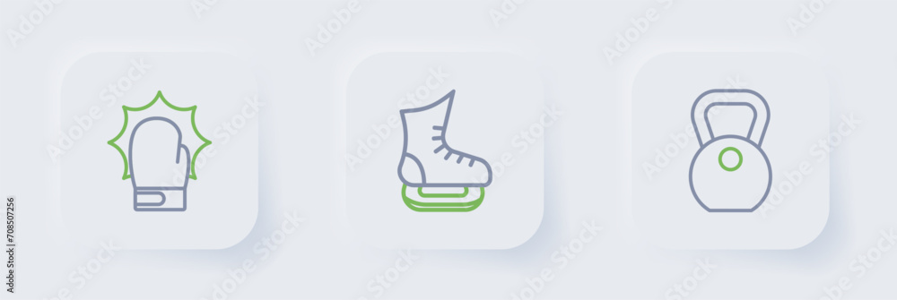 Set line Weight, Skates and Punch in boxing gloves icon. Vector Set line Weight, Skates and Punch in boxing gloves icon. Vector