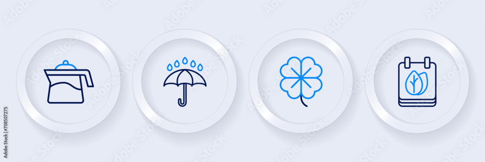 Set line Calendar with autumn leaves, Four leaf clover, Umbrella and rain drops and Teapot icon. Vector Set line Calendar with autumn leaves, Four leaf clover, Umbrella and rain drops and Teapot icon. Vector