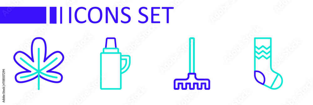 Set line Socks, Garden rake, Thermos container and Chestnut leaf icon. Vector Set line Socks, Garden rake, Thermos container and Chestnut leaf icon. Vector