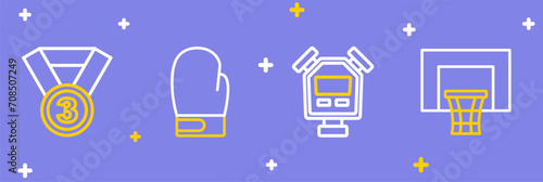Set line Basketball backboard, Stopwatch, Boxing glove and Medal icon. Vector