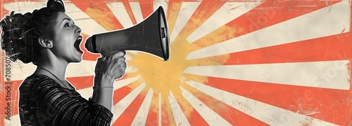 Vintage-inspired illustration of a determined woman shouting into a megaphone against a dynamic sunburst background, embodying passion and urgency. 