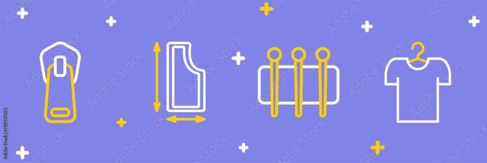 Set line T-shirt on hanger, Needle for sewing, Sewing pattern and Zipper icon. Vector Set line T-shirt on hanger, Needle for sewing, Sewing pattern and Zipper icon. Vector