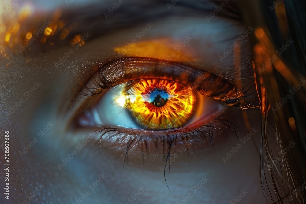 A close-up beautiful eye of a female person. burning glowing fire in the eye iris. Ai generative - obrazy, fototapety, plakaty 