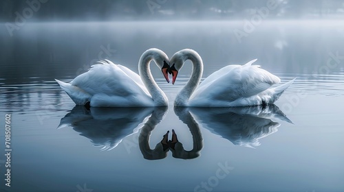 2 white swans kissing and making the shape of a heart on a lake