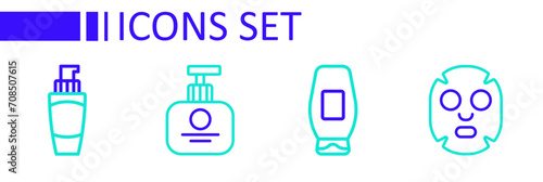 Set line Facial cosmetic mask, Bottle of shampoo, Tube hand cream and icon. Vector