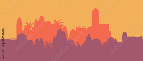Evening scene of oriental cityscape silhouette. Vector illustration banner